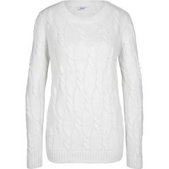 Sweter w warkocze bonprix biel wełny. Białe swetry damskie bonprix, bez wzorów, z wełny, bez rękawów, bez kaptura. Za 34,99 zł.