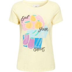 Koszulka w kolorze żółtym. Żółte koszulki damskie Esprit Woman, xs, z nadrukiem, z bawełny, z okrągłym kołnierzem, bez rękawów. W wyprzedaży za 42,95 zł.