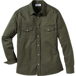 Koszula dżinsowa Slim Fit bonprix ciemnooliwkowy. Zielone koszule męskie bonprix, xl, bez wzorów, bez kołnierzyka, bez rękawów. Za 89,99 zł.