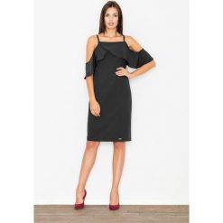 Elegancka Czarna Sukienka Midi z Falbanką przy Dekolcie. Czarne sukienki damskie Molly.pl, na co dzień, na lato, s, bez wzorów, z tkaniny, eleganckie, z falbankami, bez rękawów, midi, proste. Za 139,90 zł.