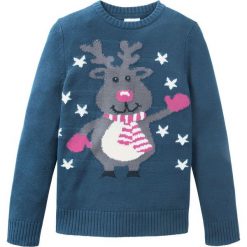 Sweter dzianinowy z zimowym motywem bonprix ciemnoniebieski. Niebieskie swetry dziewczęce marki bonprix, z aplikacjami, z dzianiny, z okrągłym kołnierzem, z długim rękawem, długie, bez kaptura. Za 59,99 zł.