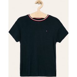 Tommy Hilfiger - T-shirt dziecięcy 128-176 cm. Niebieskie bluzki dziewczęce TOMMY HILFIGER, bez wzorów, z elastanu, z okrągłym kołnierzem, z krótkim rękawem, krótkie, bez kaptura. Za 179,90 zł.