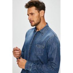 Trussardi Jeans - Koszula. Niebieskie koszule męskie Trussardi Jeans, bez wzorów, z bawełny, klasyczne, z włoskim kołnierzykiem, z długim rękawem. W wyprzedaży za 339,90 zł.