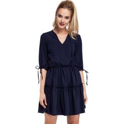Granatowa Sukienka w Stylu Boho. Niebieskie sukienki damskie marki Molly.pl, na co dzień, s, bez wzorów, z tkaniny, wakacyjne, z dekoltem w serek, bez rękawów, rozkloszowane. Za 139,90 zł.
