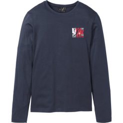 Shirt z długim rękawem i nadrukiem bonprix ciemnoniebieski z nadrukiem. Niebieskie koszulki męskie bonprix, xxl, z nadrukiem, bez kołnierzyka, z długim rękawem, długie. Za 21,99 zł.
