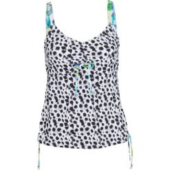 Top tankini minimizer na fiszbinach bonprix czarno-biały w animalistyczny deseń. Czarne stroje kąpielowe damskie bonprix, z nadrukiem. Za 54,99 zł.