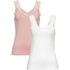 Top z koronką (2 szt.) bonprix stary jasnoróżowy - biel wełny. Różowe topy damskie bonprix, w koronkowe wzory, z wełny, z dekoltem w serek. Za 75,98 zł.