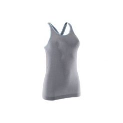 Koszulka bezszwowa Joga. Niebieskie bluzki sportowe damskie DOMYOS, xl, ze skóry, bez rękawów. W wyprzedaży za 19,99 zł.