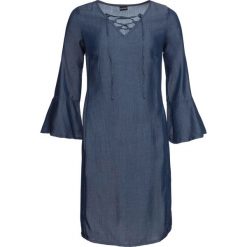Sukienka ze sznurowaniem, rękawy 7/8 bonprix ciemny denim. Czarne sukienki damskie bonprix, bez wzorów, z denimu, z dekoltem w serek, bez rękawów. Za 84,99 zł.
