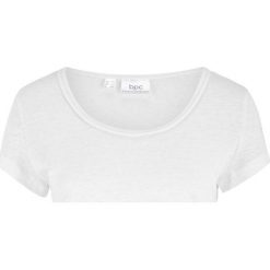 Shirt lniany z ozdobnym wykończeniem dekoltu bonprix biel wełny. Białe koszulki damskie bonprix, bez wzorów, z wełny, bez kołnierzyka. Za 54,99 zł.