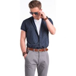 Koszula męska z krótkim rękawem K473 - granatowa/brązowa. Pomarańczowe koszule męskie Ombre Clothing, na lato, s, bez wzorów, z bawełny, klasyczne, z klasycznym kołnierzykiem, z krótkim rękawem. Za 39,00 zł.