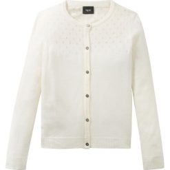 Sweter rozpinany w ażurowy wzór bonprix biel wełny. Białe swetry dziewczęce marki bonprix, z aplikacjami, z wełny, bez kołnierzyka, bez rękawów, bez kaptura. Za 54,99 zł.