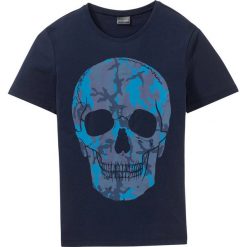 T-shirt Slim Fit bonprix ciemnoniebieski z nadrukiem. Niebieskie koszulki męskie bonprix, m, z nadrukiem, z okrągłym kołnierzem, bez rękawów. Za 42,99 zł.