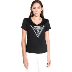 Guess Koszulka Czarny. Czarne koszulki damskie Guess, s, z nadrukiem, z bawełny, bez kołnierzyka. Za 223,95 zł.