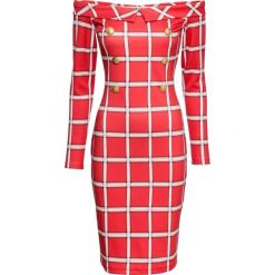 Sukienka z dekoltem carmen bonprix czerwono-biały. Czerwone sukienki damskie bonprix, bez wzorów, bez kołnierzyka, bez rękawów. Za 59,99 zł.
