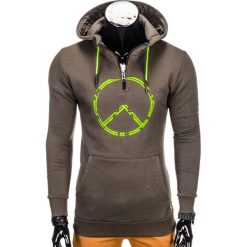 Bluzy męskie: BLUZA MĘSKA Z KAPTUREM I NADRUKIEM B760 - KHAKI