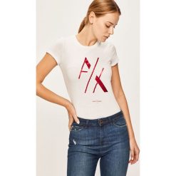 Armani Exchange - T-shirt. Czarne bluzki damskie Armani Exchange, s, z nadrukiem, z bawełny, casualowe, z okrągłym kołnierzem. Za 199,90 zł.