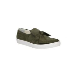 Trampki damskie slip on: Tenisówki Casu Slip on oliwkowy welurowy z kokardą 1972
