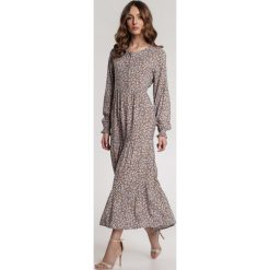 Ciemnobeżowa Sukienka Helipheme. Brązowe sukienki damskie Renee, s, z aplikacjami, klasyczne, z okrągłym kołnierzem, z długim rękawem, długie, midi. Za 99,99 zł.