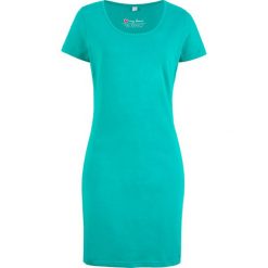 Sukienka shirtowa ze stretchem, krótki rękaw bonprix zielony oceaniczny. Zielone sukienki damskie bonprix, bez wzorów, bez kołnierzyka, z krótkim rękawem, krótkie, mini. Za 37,99 zł.