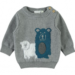 Sweter "Sanno" w kolorze szarym. Szare swetry chłopięce marki Name it Baby, z aplikacjami, z bawełny, z okrągłym kołnierzem. W wyprzedaży za 42,95 zł.