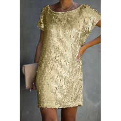 Sukienka TANNY GOLD. Żółte sukienki damskie Sukienka TANNY GOLD, s, bez wzorów, bez kołnierzyka, z krótkim rękawem, krótkie, mini. W wyprzedaży za 89,00 zł.