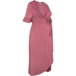 Sukienka ciążowa i do karmienia kopertowa bonprix kremowy jeżynowy. Fioletowe sukienki damskie bonprix, bez wzorów, z falbankami, moda ciążowa, bez rękawów, kopertowe. Za 54,99 zł.