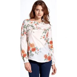 Bluzka z falbanką w kwiaty ecru - 44. Bluzki damskie e-margeritka.pl, na wiosnę, s, w kwiaty, z elastanu, eleganckie, z długim rękawem, długie, bez kaptura. Za 118,99 zł.