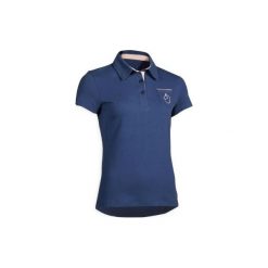 Koszulka jeździecka polo 140 damska. Różowe koszulki damskie FOUGANZA, bez wzorów, z elastanu, eleganckie, polo, bez rękawów. Za 59,99 zł.
