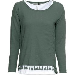 Sweter dzianinowy z topem bonprix zielono-biały. Zielone swetry damskie bonprix, bez wzorów, z dzianiny, bez rękawów, bez kaptura. Za 139,98 zł.