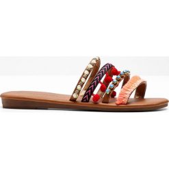 Klapki bonprix wielbłądzia wełna - kolorowy. Pomarańczowe klapki damskie bonprix, w paski, z wełny, bez obcasa. Za 74,99 zł.