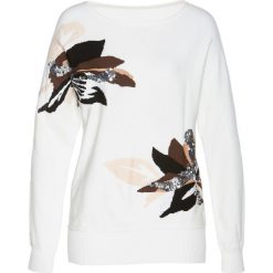 Sweter z rękawami "nietoperz" bonprix biel wełny - jasnobrązowo-srebrny. Białe swetry klasyczne damskie bonprix, z wełny. Za 59,99 zł.