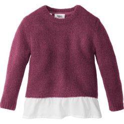 Swetry dziewczęce: Sweter dzianinowy z falbaną bonprix jeżynowy melanż – biały