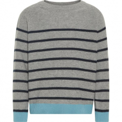 Sweter "Odims" w kolorze granatowo-szarym. Szare swetry chłopięce marki Name it Kids, w paski, z bawełny, z okrągłym kołnierzem. W wyprzedaży za 42,95 zł.