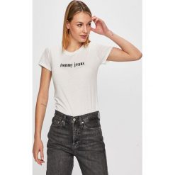 Tommy Jeans - Top. Różowe bluzki damskie Tommy Jeans, s, z nadrukiem, z bawełny, z okrągłym kołnierzem. Za 129,90 zł.