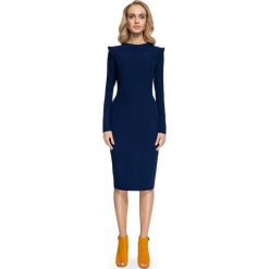 Granatowa Ołówkowa Sukienka Midi z Mini Stójką. Niebieskie sukienki damskie Molly.pl, do pracy, s, bez wzorów, eleganckie, ze stójką, z długim rękawem, długie, midi, ołówkowe. Za 145,90 zł.