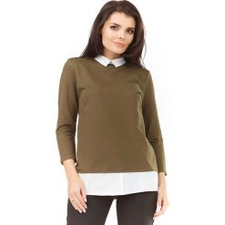 Khaki Elegancka Bluzka 2 w 1 z Białym Kołnierzykiem. Brązowe bluzki damskie marki Molly.pl, s, z dzianiny, eleganckie, z klasycznym kołnierzykiem, z długim rękawem. Za 109,90 zł.