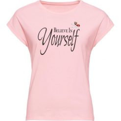 T-shirt bonprix pastelowy jasnoróżowy. Czerwone t-shirty damskie bonprix, z aplikacjami. Za 49,99 zł.