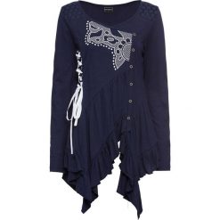 Shirt z długim rękawem bonprix niebiesko-biały wzorzysty. Niebieskie koszulki damskie bonprix, bez wzorów, z asymetrycznym kołnierzem, z długim rękawem. Za 119,99 zł.