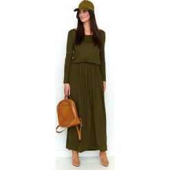 Khaki Dzianinowa Długa Sukienka z Podkreśloną Talią. Brązowe sukienki damskie Molly.pl, na spacer, xxl, bez wzorów, z dzianiny, eleganckie, bez kołnierzyka, z długim rękawem, długie, maxi, dopasowane. Za 169,90 zł.