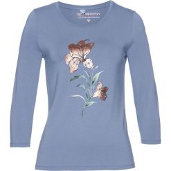 Shirt z rękawami 3/4 bonprix matowy niebieski. Niebieskie koszulki damskie marki bonprix, z nadrukiem, bez kołnierzyka, bez rękawów. Za 29,99 zł.