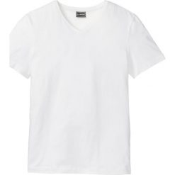 T-shirt ze stretchem Slim Fit bonprix biały. Białe t-shirty męskie bonprix, xl, bez wzorów, z dekoltem w serek. Za 21,99 zł.