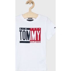 Tommy Hilfiger - T-shirt dziecięcy 104-176 cm. Niebieskie t-shirty chłopięce TOMMY HILFIGER, z nadrukiem, z bawełny, bez rękawów. Za 119,90 zł.