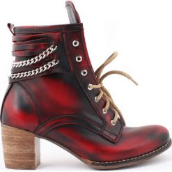 Botki - skóra naturalna - model 451 - kolor czarno czerwony. Czerwone botki damskie Zapato, na zimę, ze skóry, eleganckie, za kostkę, na wysokim obcasie, na obcasie, na sznurówki. Za 399,00 zł.
