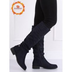 Oficerki damskie zamszowe granatowe E9308 BLUE. Niebieskie kozaki damskie obuwie damskie, z zamszu, bez obcasa, na płaskiej podeszwie, na zamek. Za 141,99 zł.