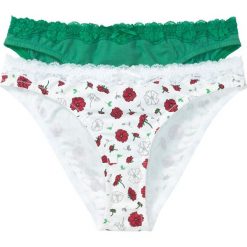 Figi (2 pary), bawełna organiczna bonprix z nadrukiem + zielony miętowy. Białe majtki damskie marki bonprix, z nadrukiem, z bawełny. Za 35,98 zł.