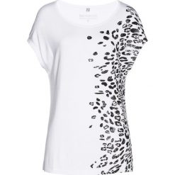 Shirt bonprix biało-czarny z nadrukiem. Białe koszulki damskie bonprix, z nadrukiem, bez kołnierzyka, bez rękawów. Za 54,99 zł.