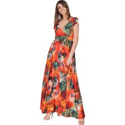 Wzorzysta sukienka maxi z kopertowym dekoltem. Sukienki damskie Made in Poland, bez wzorów, z elastanu, bez kołnierzyka, bez rękawów, maxi, kopertowe. Za 359,00 zł.