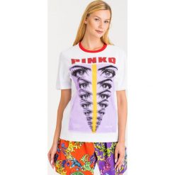 T-SHIRT PINKO. Białe t-shirty damskie Pinko, s, z nadrukiem, z bawełny, z okrągłym kołnierzem. Za 371,40 zł.