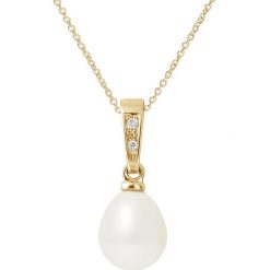Naszyjniki damskie: Pozłacany naszyjnik z diamentami o perłą słodkowodną – dł. 42 cm